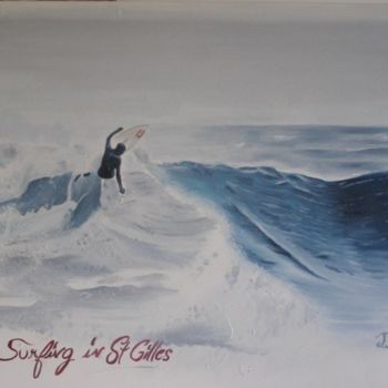 Painting titled "surfing in st gilles" by Dadou, Original Artwork, Oil