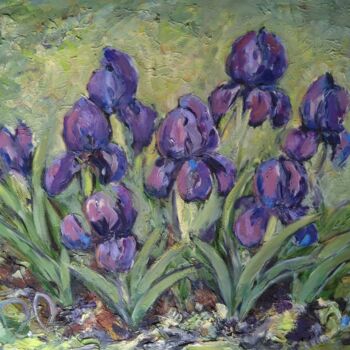 Painting titled "Garden Irises 2021-…" by D.O. Xxi, Original Artwork, Oil Mounted on Wood Stretcher frame