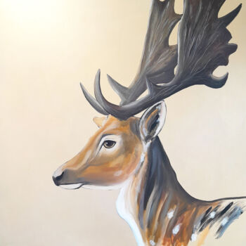 Painting titled "Dammhirsch" by Barbara Dräger, Original Artwork, Acrylic Mounted on Wood Stretcher frame