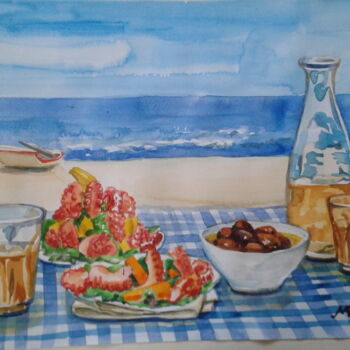 Painting titled "Greek lunch" by Dreamer, Original Artwork, Watercolor