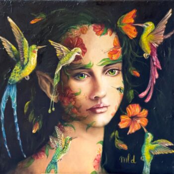 Peinture intitulée "Titania, colibris -…" par Marie-Line Dromard, Œuvre d'art originale, Huile