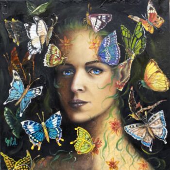 Peinture intitulée "Titania aux colibris" par Marie-Line Dromard, Œuvre d'art originale, Huile