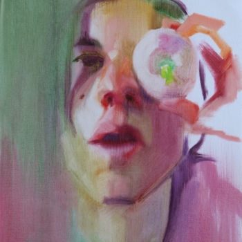 Schilderij getiteld "Selfie with Turnip" door Patricia Dubois, Origineel Kunstwerk, Olie Gemonteerd op Houten paneel