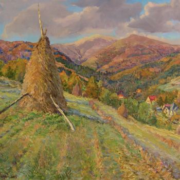 Pittura intitolato "Mountain landscape…" da Aleksandr Dubrovskyy, Opera d'arte originale, Olio Montato su Telaio per barella…