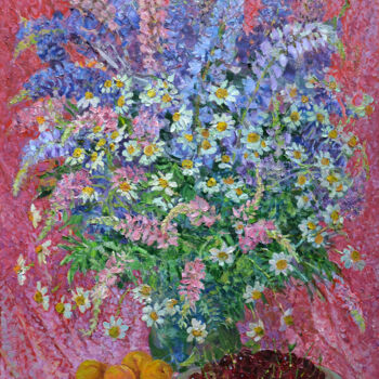 Painting titled "Summer bouquet with…" by Aleksandr Dubrovskyy, Original Artwork, Oil Mounted on Wood Stretcher frame