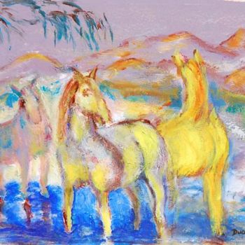 Pintura intitulada "groupe de chevaux2" por Monique Ducarton, Obras de arte originais
