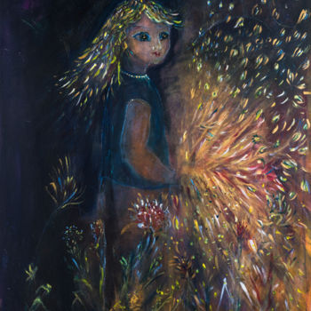 Pintura titulada "Elise with peacocks…" por Duc Evelyna, Obra de arte original, Acrílico Montado en Bastidor de camilla de m…