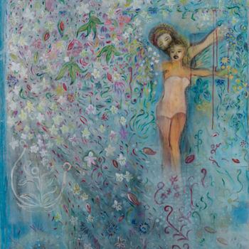 제목이 "Paradis fleuri"인 미술작품 Duc Evelyna로, 원작, 아크릴 나무 들것 프레임에 장착됨
