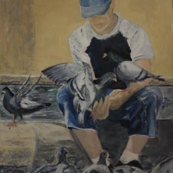 Peinture intitulée "L'enfant aux pigeons" par Gérard Duchêne, Œuvre d'art originale