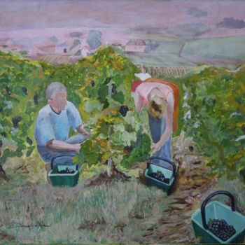 Ζωγραφική με τίτλο "Les vendanges" από Gérard Duchêne, Αυθεντικά έργα τέχνης, Ακρυλικό Τοποθετήθηκε στο Ξύλινο πάνελ