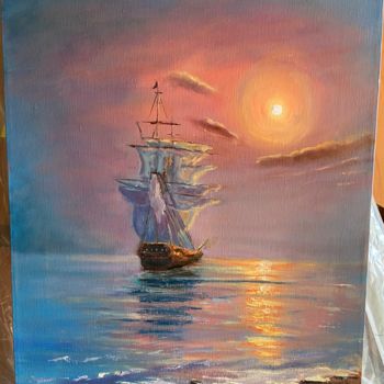 Peinture intitulée "Ship at sunset" par Dmitrii Dudukin (ArtDm), Œuvre d'art originale, Huile
