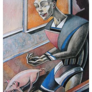 Schilderij getiteld "Jeune homme et porc…" door Daniel Duhamel Arrapel, Origineel Kunstwerk, Olie