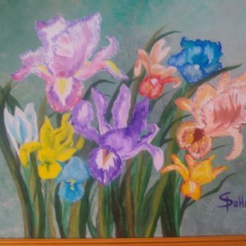 Painting titled "Les iris" by Simone Duhamel, Original Artwork