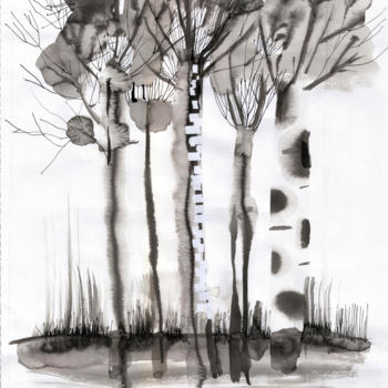 Malarstwo zatytułowany „Birch Grove” autorstwa Karishok Dulyan, Oryginalna praca, Atrament