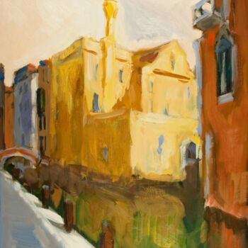 Schilderij getiteld "A Bridge in Venice" door Dumitru Bostan, Origineel Kunstwerk, Olie