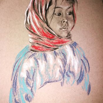 Dessin intitulée "Petite fille du Laos" par A Balestraccia, Œuvre d'art originale, Crayon Monté sur Carton