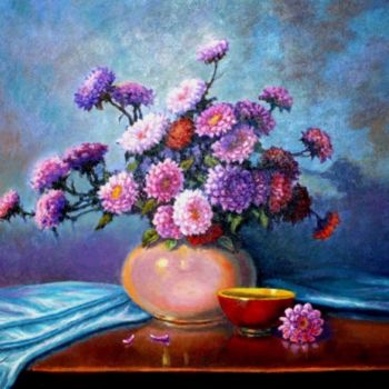 Painting titled "Colored Asters and…" by John Hudson Hawke, Original Artwork, Acrylic