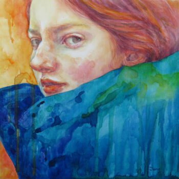 Картина под названием "Blue scarf" - Dunja Jung, Подлинное произведение искусства, Акварель