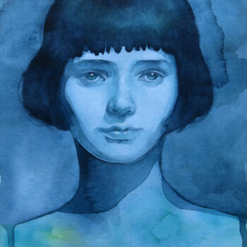 Peinture intitulée "Retro Blue" par Dunja Jung, Œuvre d'art originale, Aquarelle