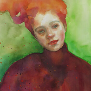 Malerei mit dem Titel "Red haired" von Dunja Jung, Original-Kunstwerk, Aquarell