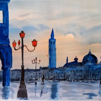 Painting titled "Venise en bleu" by Dupicard, Original Artwork, Watercolor