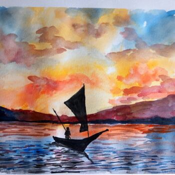 Painting titled "Paisible lac" by Dupicard, Original Artwork, Watercolor