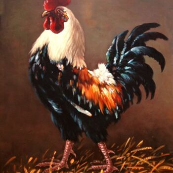 Painting titled "rooster - the maste…" by Dusan Vukovic, Original Artwork, Oil