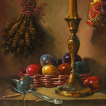 Painting titled "Easter - decorating…" by Dusan Vukovic, Original Artwork, Oil