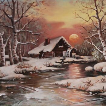 Peinture intitulée "old mill in the snow" par Dusan Vukovic, Œuvre d'art originale, Huile