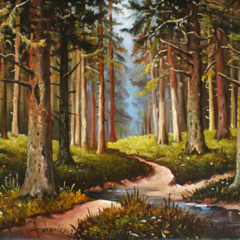 Painting titled "In the forest" by Dusan Vukovic, Original Artwork, Oil