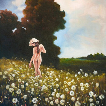 Painting titled "It's time dandelions" by Dusan Vukovic, Original Artwork, Oil