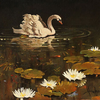 Pintura titulada "lonely swan" por Dusan Vukovic, Obra de arte original, Oleo