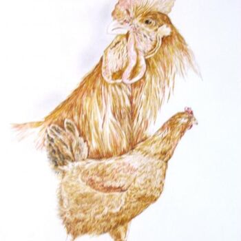 Pintura intitulada "Le coq et sa poule" por Monique Dutter-Lemierre, Obras de arte originais