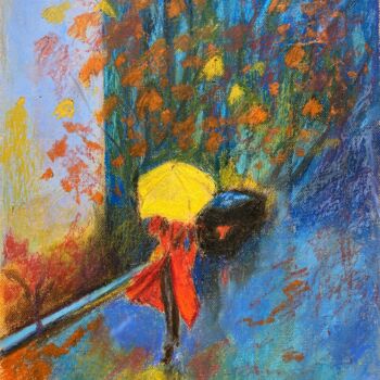 Schilderij getiteld "Yellow umbrella" door Lusie Schellenberg, Origineel Kunstwerk, Pastel