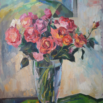 Painting titled "Розы на зеленом" by Dmitry Veltishchev, Original Artwork, Oil