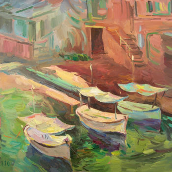 Peinture intitulée "Утро. Пейзаж с лодк…" par Dmitry Veltishchev, Œuvre d'art originale, Huile