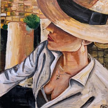 Painting titled "WOMAN in a hat" by Nataliia Diadyk (NAE), Original Artwork, Oil Mounted on Wood Stretcher frame