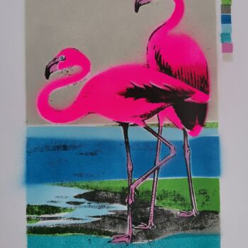 Incisioni, stampe intitolato "'Flamingoes' - Neon…" da Dylan Bell (Bells Galleries), Opera d'arte originale, Spray