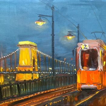 「Night tram, Budapest」というタイトルの絵画 Елена Епифанцеваによって, オリジナルのアートワーク, オイル ウッドストレッチャーフレームにマウント
