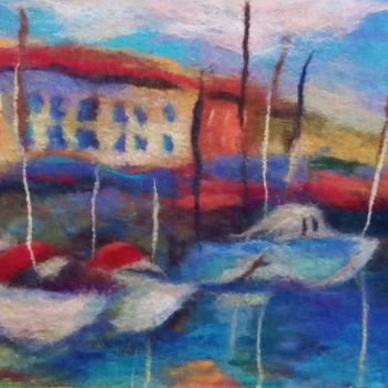 Arte textil titulada "Boats at the pier" por Elena Potapova, Obra de arte original, Tela