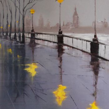 Painting titled "quay in the rain ,…" by Yevgenija Success, Original Artwork, Oil