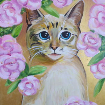 Painting titled "Сat in flowers" by Ekaterina Zavadskaia, Original Artwork, Oil Mounted on Wood Stretcher frame