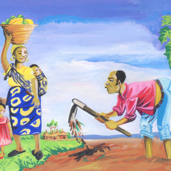 Painting titled "Cameroon Village Li…" by Emmanuel Baliyanga, Original Artwork, Oil