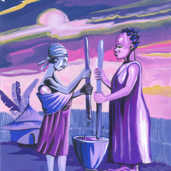 Painting titled "Femmes pilant le ca…" by Emmanuel Baliyanga, Original Artwork, Oil