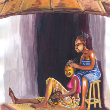 Painting titled "Coiffeur au Rwanda" by Emmanuel Baliyanga, Original Artwork, Oil