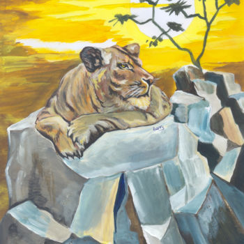 Pintura intitulada "Lion On The look Out" por Emmanuel Baliyanga, Obras de arte originais, Óleo