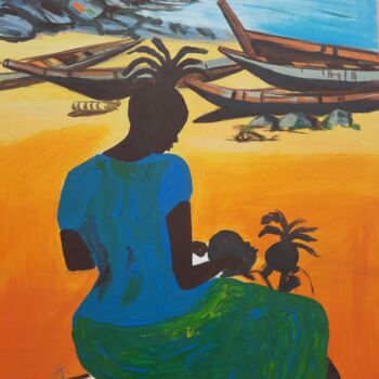 Painting titled "Peace at the beach" by Ebenezer Kwesi Ofori Appiah, Original Artwork, Acrylic