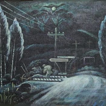 Painting titled "The road at night" by Evgenii Chekalov, Original Artwork, Oil