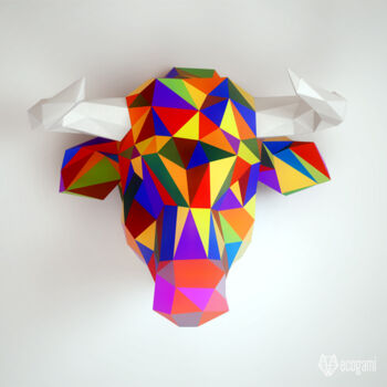 Sculpture intitulée "Trophée de taureau…" par Ecogami, Œuvre d'art originale, Papier