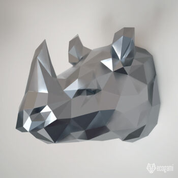 Sculpture titled "Trophée de rhinocér…" by Ecogami, Original Artwork, Paper